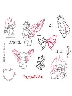 an image of some tattoos on the back of a white sheet that says, pleasure