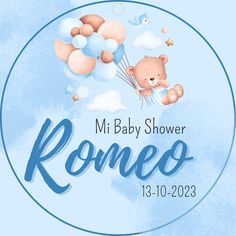 a baby shower sign with a teddy bear flying through the sky and holding onto balloons