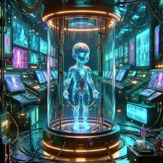 a futuristic looking room with lots of electronic devices and neon lights on the walls, including a skeleton in a glass case