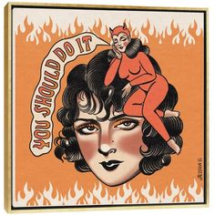 an image of a woman on top of another woman's head with flames in the background