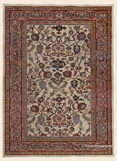 This exemplary 19th-century Sultanabad offers an elegantly balanced and fluid overall design employing several scales of well-spaced flower heads to create its remarkable, quite intriguing visage. Chromatically distinctive with the use of rich jewel tones and sonorous earthy shades on an ivory field, this prismatic display is framed by a rust-red border using a condensed palmette and vinery pattern to complement the interior spaciousness.

SULTANABAD

WEST CENTRAL PERSIAN ANTIQUE CARPET

8' 10" x 11' 10" (269cm x 361cm) — Late 19th Century
(Connoisseur-Caliber)

*Rugs are shared for educational purposes only. Availability is not guaranteed. Antique Persian Rug 1stdibs, Persian Carpet Flower, Tabriz Carpet