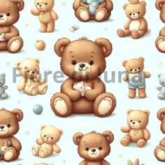 a group of teddy bears sitting next to each other on top of a blue background