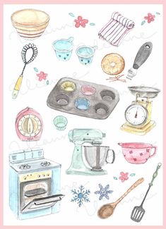 watercolor and ink drawings of kitchen appliances, including an oven, blender, measuring cup, spoons and other items