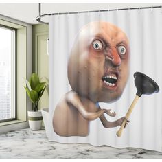 a shower curtain with an image of a cartoon character holding a spatula in his hand