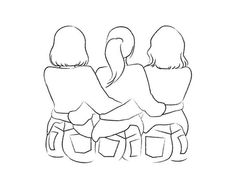 three people sitting on a bench with their backs to each other