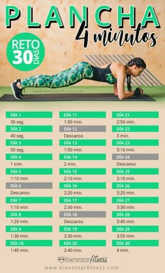 a woman is doing planks on her stomach with the text plancha for 30 minutes