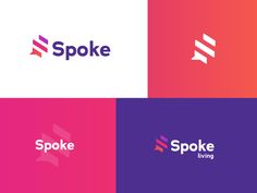 the logo for spoke living is shown in three different colors