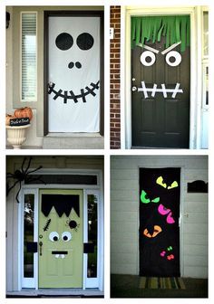 four pictures of halloween door decorations