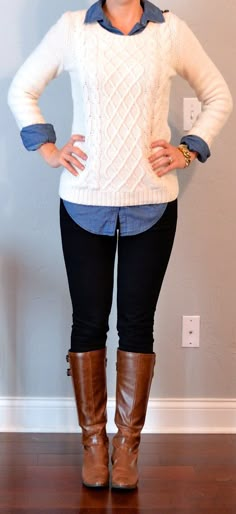 I love the cable knit sweater Look Legging, Brown Riding Boots, Chambray Top, Chambray Shirt, Fall Fashion Outfits, Looks Style