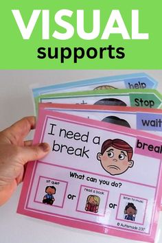 a hand holding up some cards with words and pictures on them that read visual supports