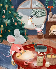 a painting of a mouse decorating a table in front of a christmas tree and fireplace