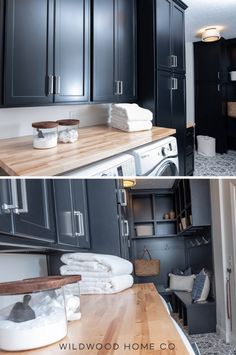 two pictures of a kitchen with black cabinets and white towels on the counter top, and an image of a washer and dryer