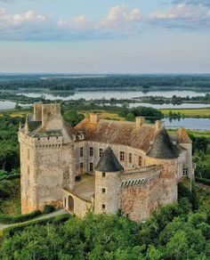 an aerial view of a castle in the middle of trees