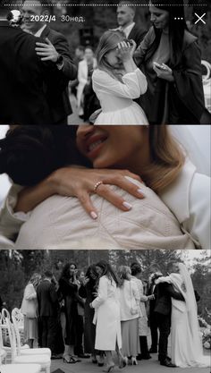 black and white wedding photos with people in the background, one is hugging the other