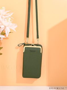 BagForLove - Embossed Litchi Phone Wallet with Shoulder Strap - Secure and Stylish Cellphone Clutch Inch Bag, Plain Style, Word Wrap, Green Pattern, Purse Pouch, Phone Wallet, Phone Bag, Emboss, Army Green