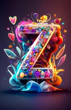 the letter z is made up of colorful shapes and colors, with hearts around it