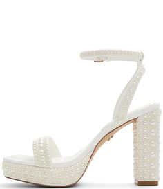 ALDO Lulu Pearl Platform Dress Sandals | Dillard's Embellished White Synthetic Sandals, White Pearl Heels, Hoco Heels, White Block Heel Sandals, Pearl Heels, White Block Heels, Prom Heels, Block Heel Sandals, Buckled Heels