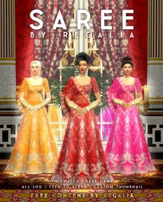 three women in colorful dresses standing next to each other with the words saree by regal la