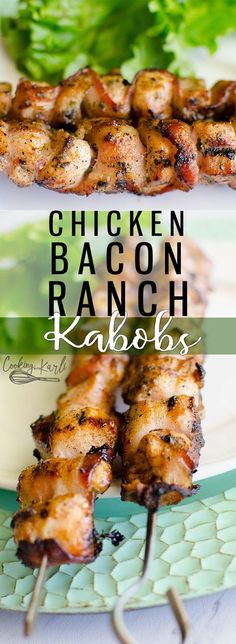 chicken bacon ranch kabobs on a plate with lettuce and cilantro