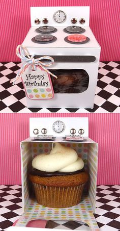 two pictures of a cupcake in a box with a happy birthday tag on it