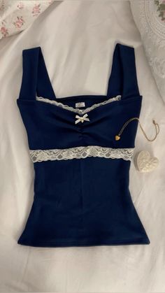 Cute Tops Coquette, Sew Fall Clothes, Navy Blue Coquette Outfits, Cute Dainty Outfits, Lana Del Ray Outfit Aesthetic, Top Inspo Sewing, Coquette Simple Outfits, Sewing Coquette Clothes, Handmade Top Sewing