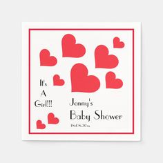 it's a girl baby shower card with hearts on the front and red border