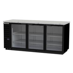 an empty glass doored refrigerator with black doors