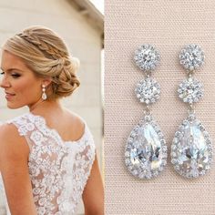 a woman in a wedding dress and earrings next to an image of the bride's gown