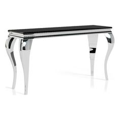 a glass and chrome console table with black marble top, on an isolated white background