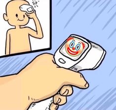 a hand holding a cell phone in front of a mirror with an emoticive face on it