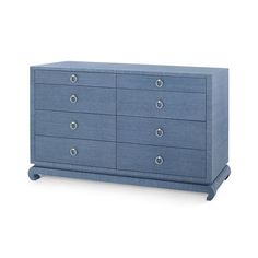 a blue dresser with five drawers and two handles