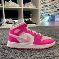 Pink Barbie Jordans, Barbie Jordans, Hyper Pink Air Jordan 1, Neon Pink Air Jordans, Nike Pink High-top Jordan Shoes, Air Jordan 1 Mid Digital Pink, Pink Jordans, Decorative Wallpaper, Garden Nails