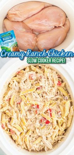 creamy ranch chicken slow cooker recipe in a white bowl with the title above it