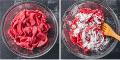 two bowls with red and white food in them, one containing sugar and the other containing powder