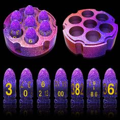 purple glittered numbers are arranged in rows next to an egg tray filled with eggs