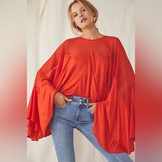 Free People On The Weekend Flowy Bell Sleeve Blouse Persimmon Red Sm New Nwt Forever Fun And Flowy, This So Special Top Is Featured In A Super Drapey Silhouette With Semi-Sheer Mesh Shoulder Detail And Pleating Throughout For Added Shape. Keyhole Back Closure. Exaggerated, Flare Bell Sleeves. Scoop Neckline. Brand New With Tags. Measures Approx (Flat) Chest 36 In, Length 21 In. Oversized, Bohemian, Boho, Hippie, Festival Ob1210319 Free People Blouse, Cape Style, Red Boho, Bell Sleeve Blouse, Oversized Top, Flowy Tops, Boho Blouses, Wide Sleeves, Boho Tops