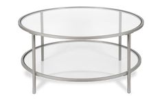 two tiered glass table with metal legs