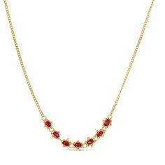 The beauty of this necklace is in the intricate details of the hand woven 18k yellow gold that surrounds each stunning Ruby, holding it fast in place. It’s the perfect birthstone gift for those born in July, or for anyone who adores Ruby. Technical Details Metal: 18k yellow goldLength: can be worn at 16" and 18"Gemstone: Ruby Handmade in New York Style # N-1002-RU Yellow Gold Birthstone Pendant Necklace, Elegant Yellow Gold Ruby Necklace, Yellow Gold Birthstone Necklace With Clavicle Chain, Elegant Ruby Necklace With Delicate Chain, Elegant Ruby Birthstone Necklace In Gold, Oval Ruby Necklace In Yellow Gold, Elegant Gold Ruby Birthstone Necklace, Gold Oval Ruby Necklace, Oval Ruby Gold Necklace