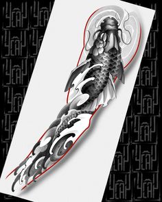 an artistic tattoo design on the side of a white paper with black and red designs