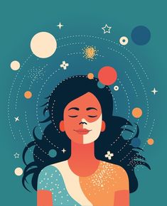 a woman with her eyes closed and stars in the sky above her head, surrounded by planets