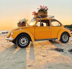 an orange car with flowers on the roof is parked in front of the ocean at sunset