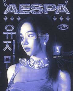 the poster for aespa shows a woman with long hair wearing a choket