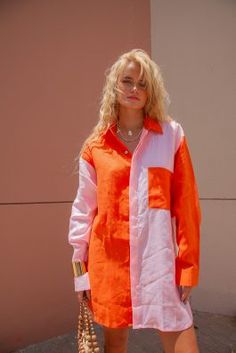 Patch Adams Linen Shirt Dress- Oversized. in Orange and Pink get 10% off your first order at www.palmcollective.com.au #shirtdress #linenshirt #oversizedshirt #linenshirtdress #longsleeveshirtdress #pinkshirtdress #contrastpanelshirt Long Linen Dresses, Patch Adams, Fire Orange, Lilac White, Dresses Australia