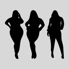 three silhouettes of women standing in different poses, one with her hands on her hips