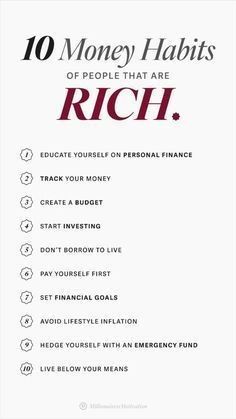 the ten money habitts of people that are rich info sheet with text overlay