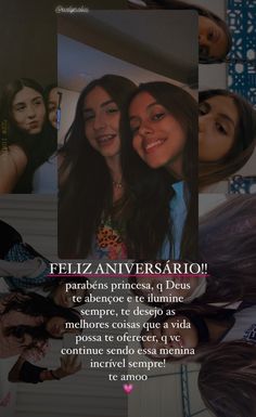 two girls are smiling and one is holding her hand up to her face, with the caption feliz anniversary deus