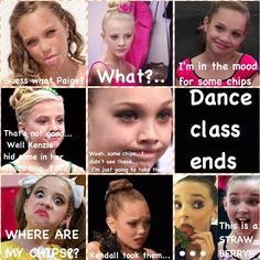 a collage of photos with different expressions and words on them that say, what? i'm the mood for some chips from dance class ends