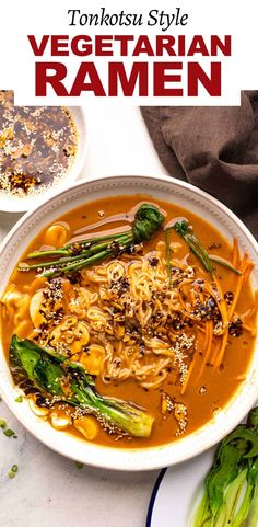 a white bowl filled with vegetable ramen on top of a table