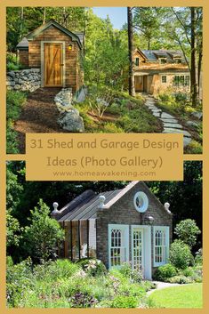 two pictures with the words shed and garage design ideas photo gallery