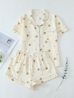 2pcs Women's Summer Pajama Set With Teddy Bear Print, Short Sleeve Buttoned Shirt And Shorts, Casual Home Wear Apricot Casual-Young,Casual-Woman  Short Sleeve Woven Fabric Animal,Plants,All Over Print Short Sets Slight Stretch Summer,Spring/Summer Women Sleep & Lounge, size features are:Bust: ,Length: ,Sleeve Length: Teen Clothes One Piece & Sets, Cheap Letter Print Sweater For Loungewear, Cheap White Fitted Sleepwear, Cheap V-neck Sleepwear, Cheap Sleeveless Summer Sleepwear, Cheap Women's Sleep Mini Dress, Cheap Sporty Summer Sleepwear, Cheap Cami Sleepwear For Lounging, Cheap V-neck Sleepwear For Bedtime